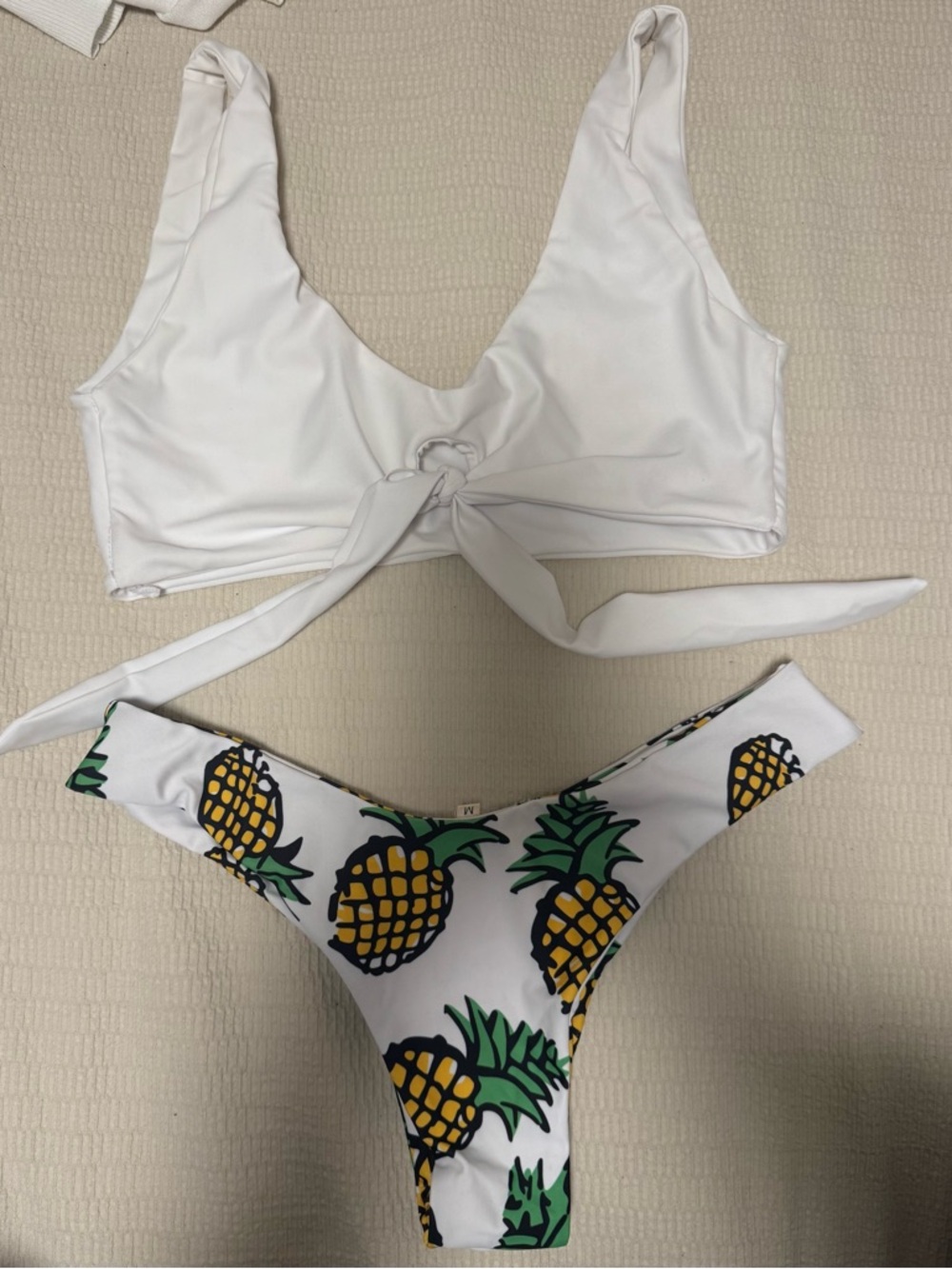 Bikini Set White Tie-Front Top with Pineapple Print Bottoms
